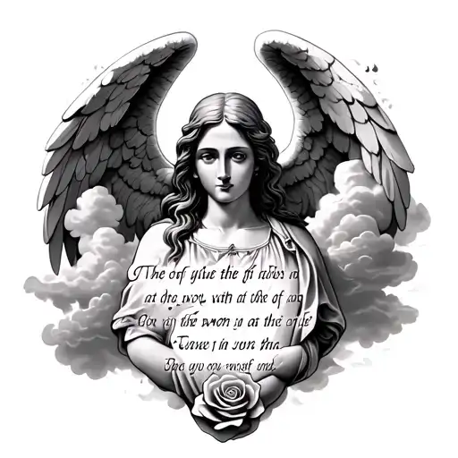 rose at wrist stone angel above with clouds around it and a bible verse tattoo design idea
