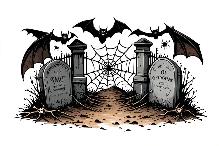 bats, grave yard gates opening, graves, bones, zombie hands coming out of the ground, spider webs as a tattoo tattoo design idea