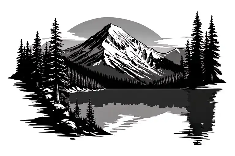 Mount Rainier with lake and trees on right side tattoo design idea