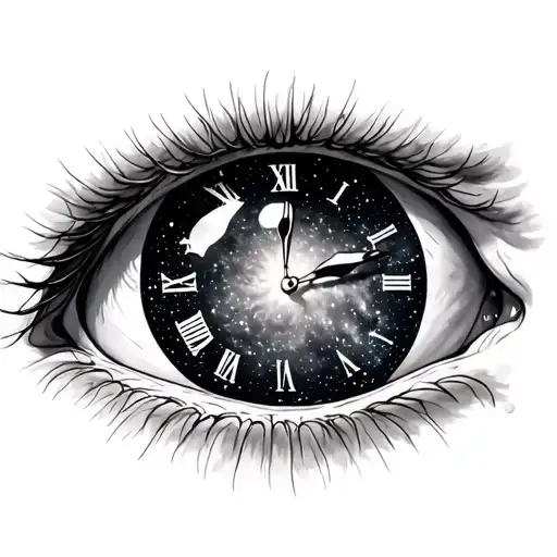 Tattoo of a galaxy placed inside an eye with clock time waits for no one  tattoo design idea