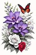floral tattoo with lilac, mimosa, orchid, lotus, red lycoris and a white rose and a butterfly tattoo design idea