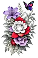 floral tattoo with lilac, mimosa, orchid, lotus, red lycoris and a white rose and a butterfly tattoo design idea