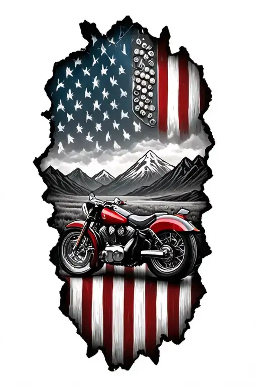 American flag torn with dog tags with mountains and motorsycle tattoo design idea