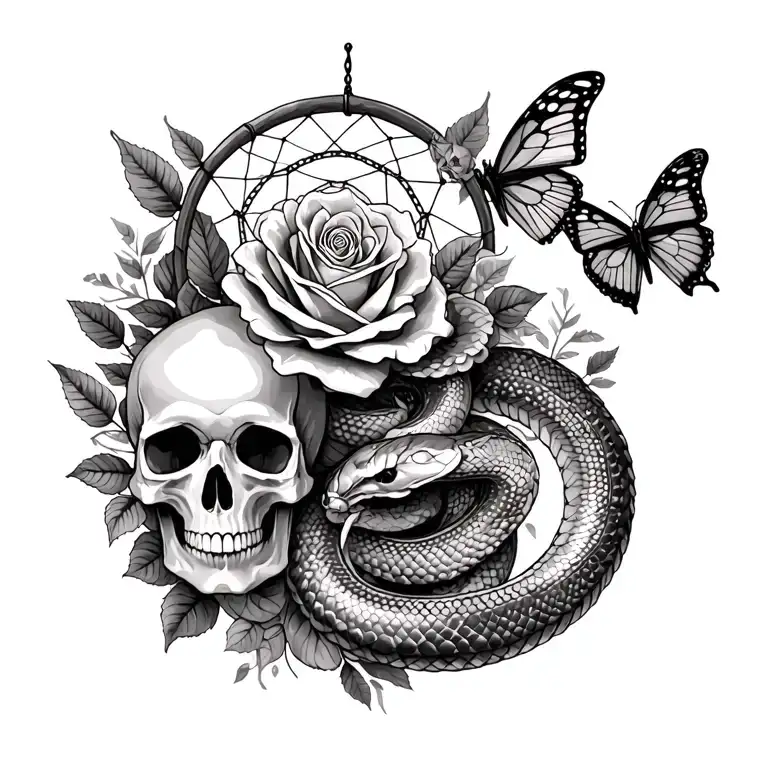 skulls, roses, butterflies, dreamcatcher and snakes tattoo design idea
