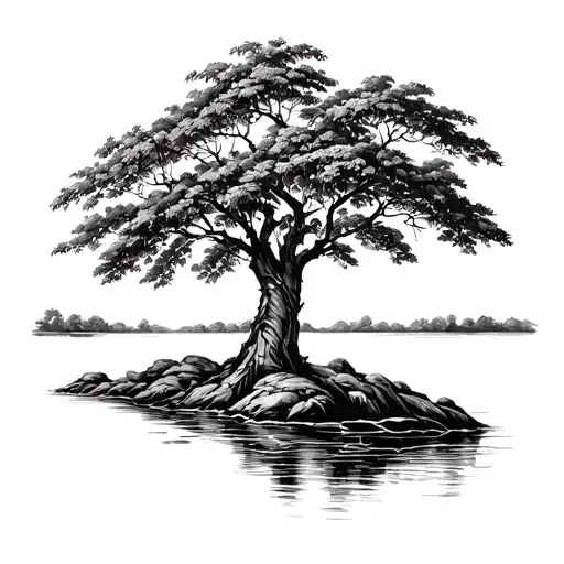 black and white mango tree with a river flowing around the base of the trunk tattoo design idea