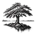 black and white mango tree with a river flowing around the base of the trunk tattoo design idea