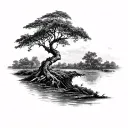 black and white mango tree with a river flowing around the base of the trunk tattoo design idea