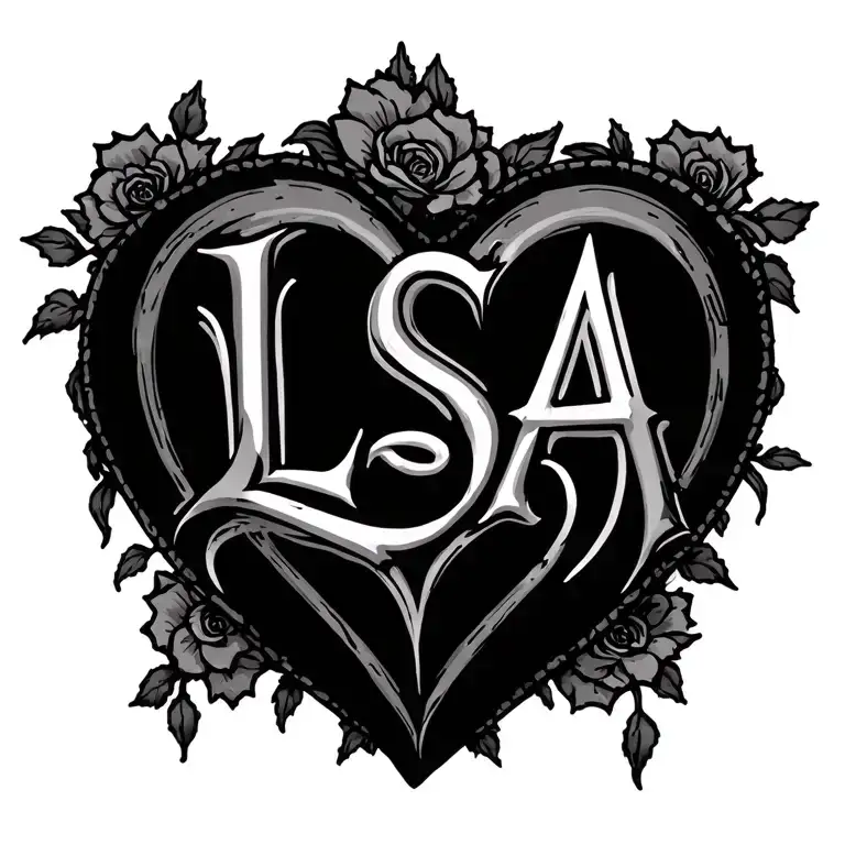"LSA" a goth heart, with LSA written inside tattoo design idea