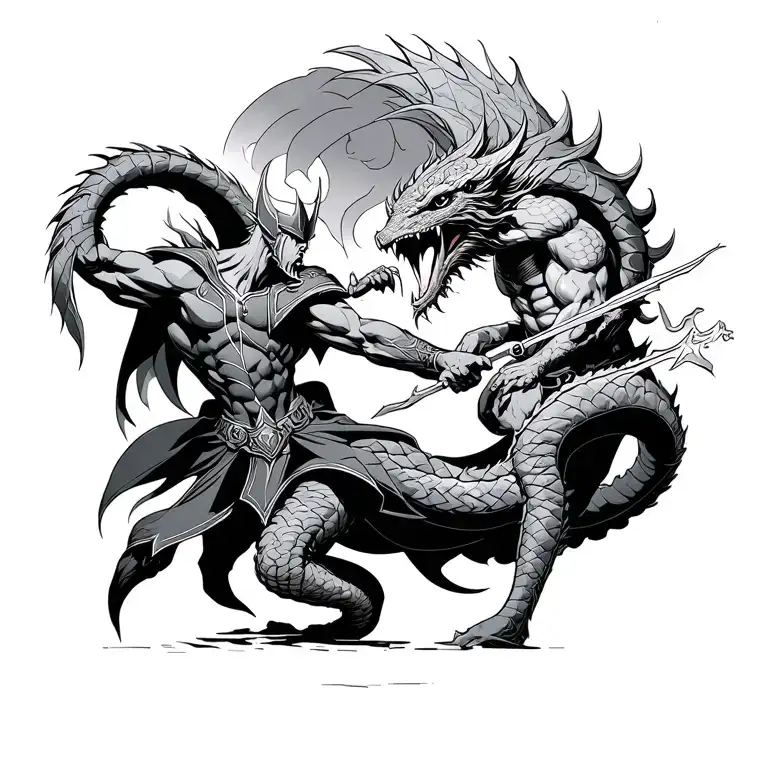 Image of Thor and Jormungandr fighting with mjolnor outlined  tattoo design idea