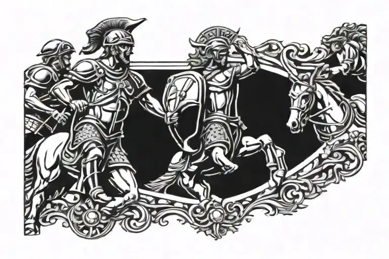neck sleeve stencil of ancient Roman battle in medieval painting style (renaissance or illustrations) tattoo design idea