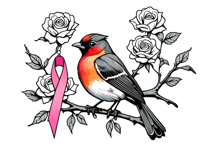 Colored Robin sitting on branch with roses around it with a cancer ribbon hanging on the branch tattoo design idea