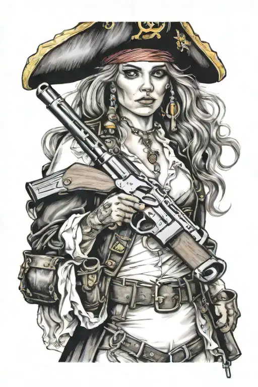 pirate girl holding a gun intertwined tattoo design idea