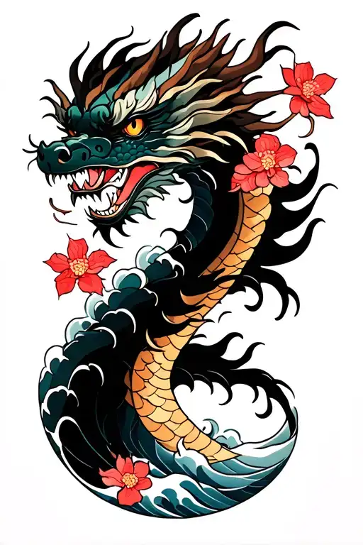 Japanese shoulder tattoo, dragon head in center, waves and cherry blossoms around tattoo design idea