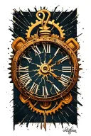 broken clock face, Roman numeral, cog tattoo design idea