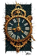 broken clock face, Roman numeral, cog tattoo design idea