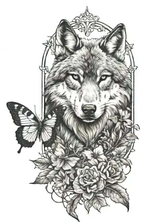 wolf and butterfly   tattoo design idea