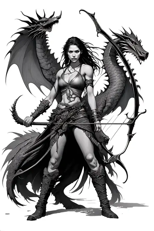 tomb raider holding Daryl fusion's bow with dragons from game of thrones. Avatars Neyteri in the background on a banshee tattoo design idea