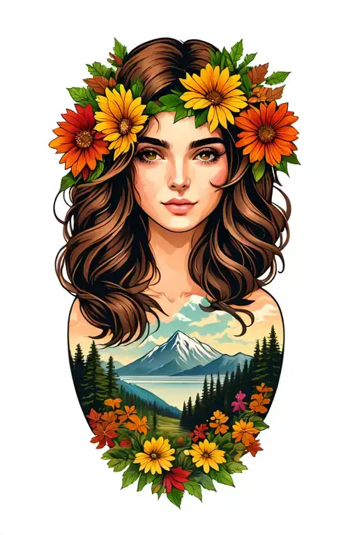 a woman's head with wavy brown hair, her face is a picture of the Adirondack mountains in the fall. Flowers wreath her tattoo design idea
