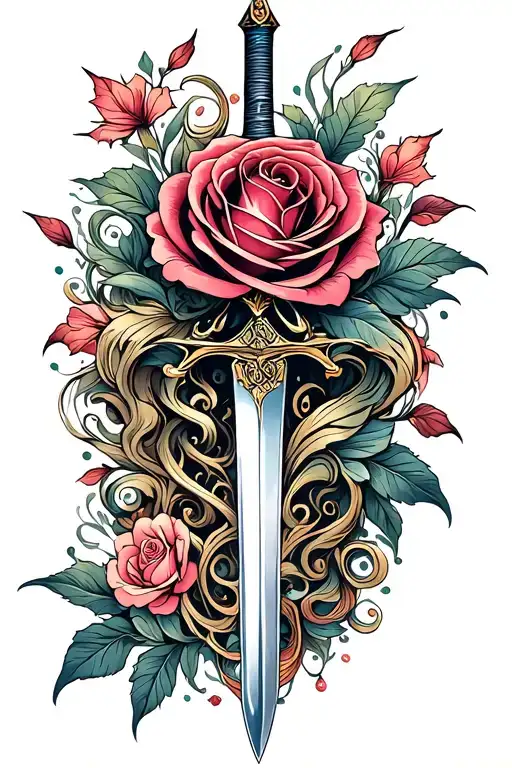 A beautiful and intricate design of the Beauty and the Beast enchanted rose intertwined with the Mulan family sword tattoo design idea