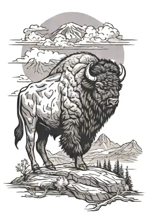 Bison with mountains and trees in the background tattoo design idea