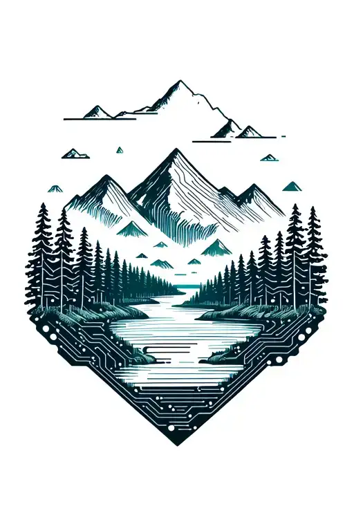 microchip circuit infused with forest with river flowing and  mountain in background  tattoo design idea