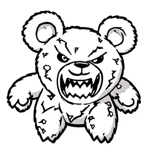 tattoo outline of a maniacal teddy bear with sharp teeth and tattered skin tattoo design idea