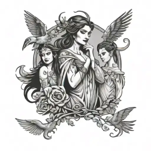 Morrigan, Lilith, Persephone, and Hela tattoo design idea