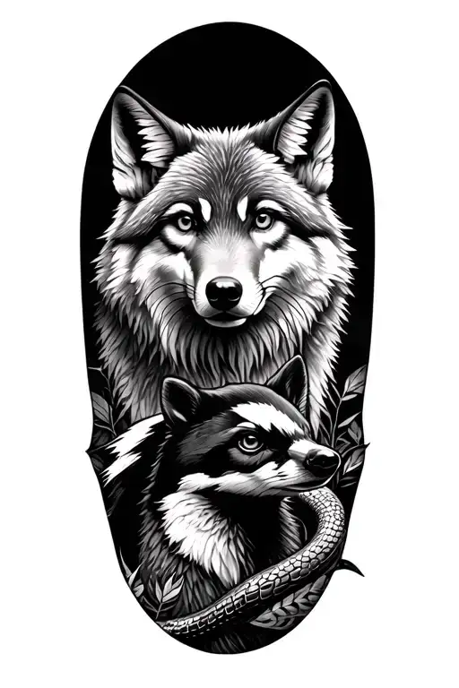 wildlife sleeve tattoo with wolf, fox, squirrel, badger, magpie, snake tattoo design idea