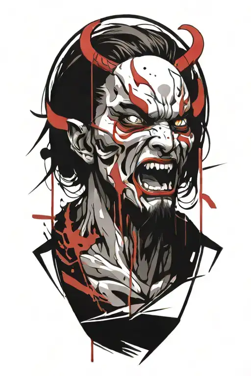 Anime character standing screaming wearing oni mask fighting off inner demons tattoo design idea