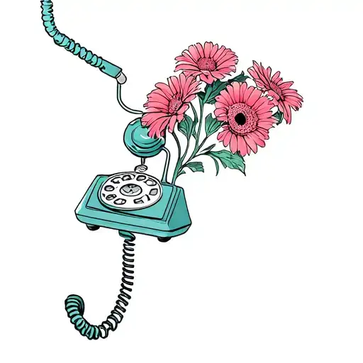 Vintage rotary dial phone with the handset hanging off the phone, with gerbera flowers coming out of the handset speaker tattoo design idea