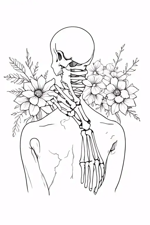 skeleton arm on the spine. hand around the back of the neck and flowers around tattoo design idea