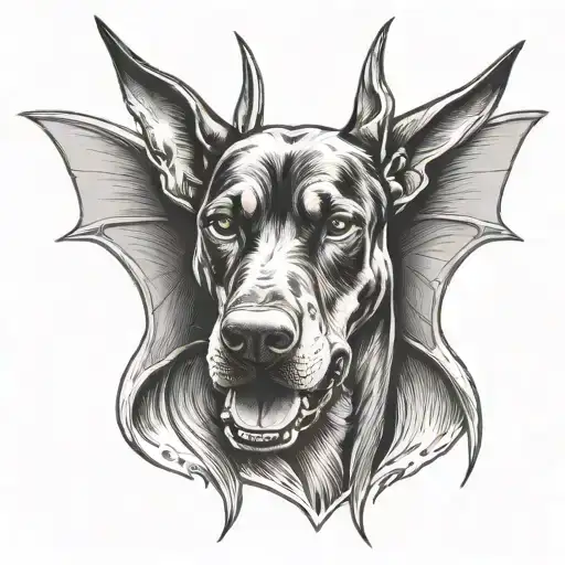 angry doberman dog with bat wings tattoo design idea
