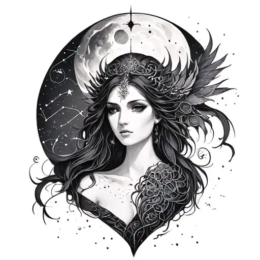 nyx goddess of night sky with constellations tattoo design idea