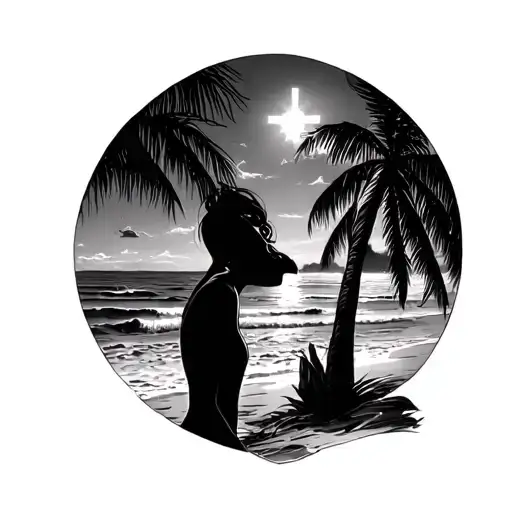 beach theme with person looking up to god  tattoo design idea