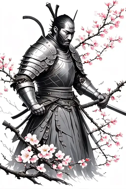 armored ronin and scattered cherry blossom branches tattoo design idea