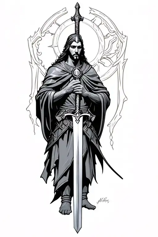 holy warrior with sword tattoo design idea