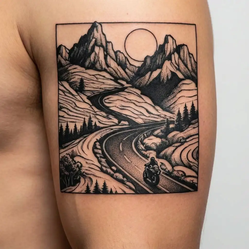 A winding mountain road with a biker in the distance tattoo design idea