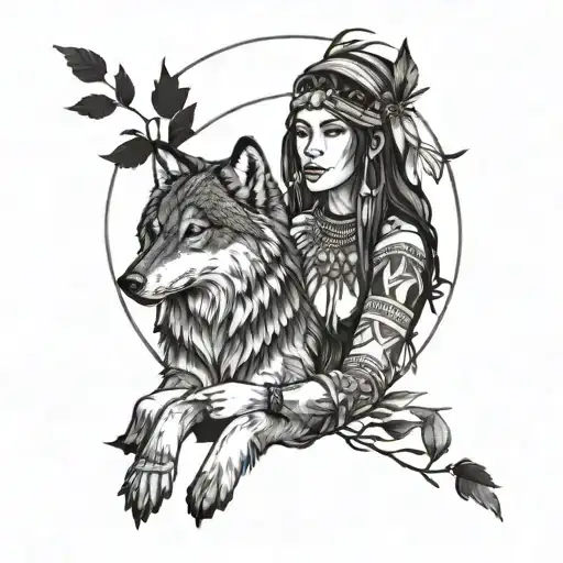 a native american women with a wolf above her  tattoo design idea