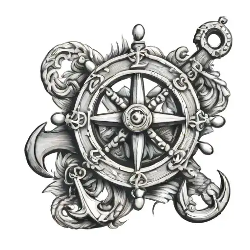anchor behind crossed cannons, ships wheel in the back tattoo design idea