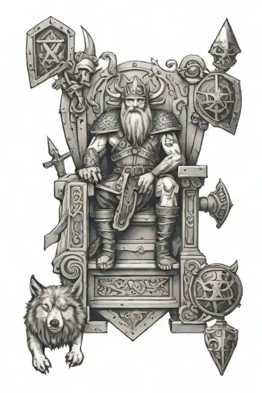 Oden on his throne in the halls of Valhalla with shields that have ruins on them, shield maidens and Viking wolf tattoo. tattoo design idea