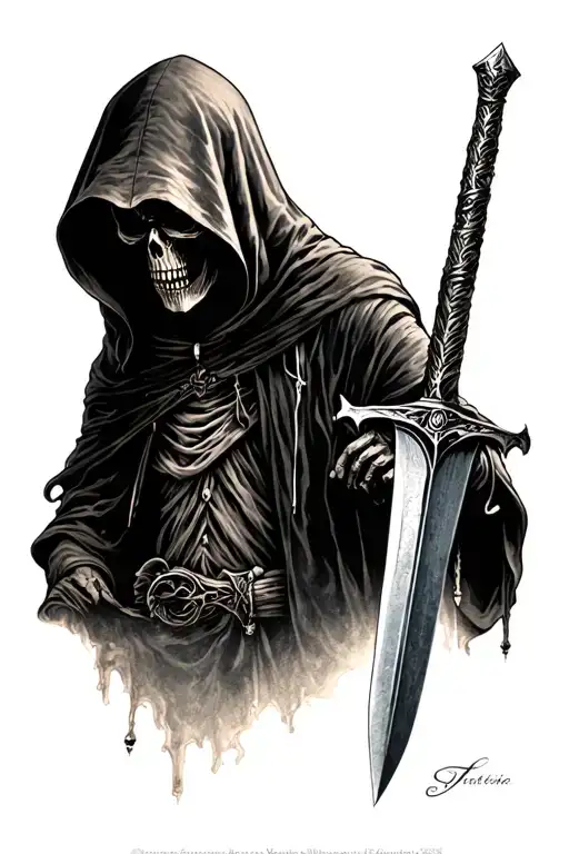 Hooded grim reaper so you can only see some parts of the skll and its mainly darkness. Inspecting a dagger tattoo design idea