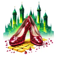 two sparkling ruby ballet slippers with yellow brick road and emerald city in background tattoo design idea