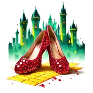 two sparkling ruby ballet slippers with yellow brick road and emerald city in background tattoo design idea