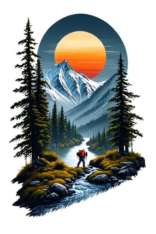  a serene mountain landscape with a dense forest at the base,  the rising sun in the background, river and lone hiker tattoo design idea