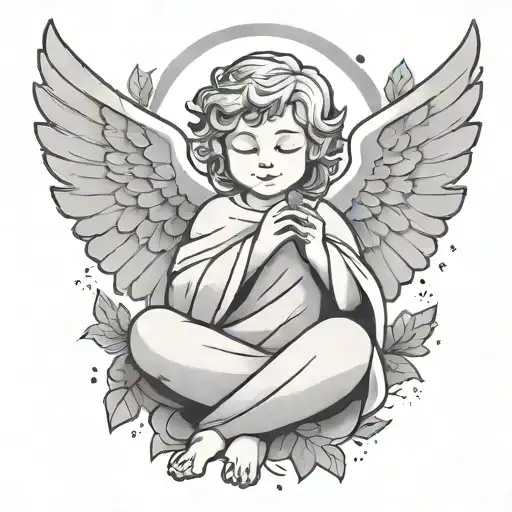 Create a minimalist cartoon angel, with an innocent face, carrying marijuana in his hands tattoo design idea