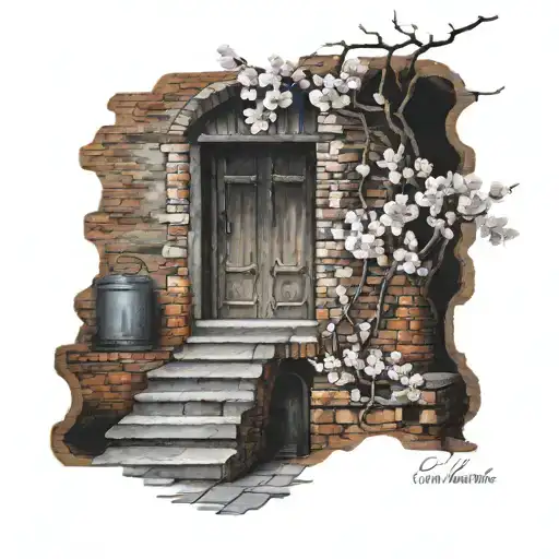 brick cellar entrance and cherry blossom tattoo design idea
