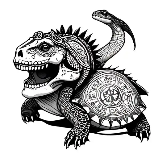 sugar skull, sea turtle and iguana with mayan calendar and ruins tattoo design idea