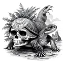sugar skull, sea turtle and iguana with mayan calendar and ruins tattoo design idea