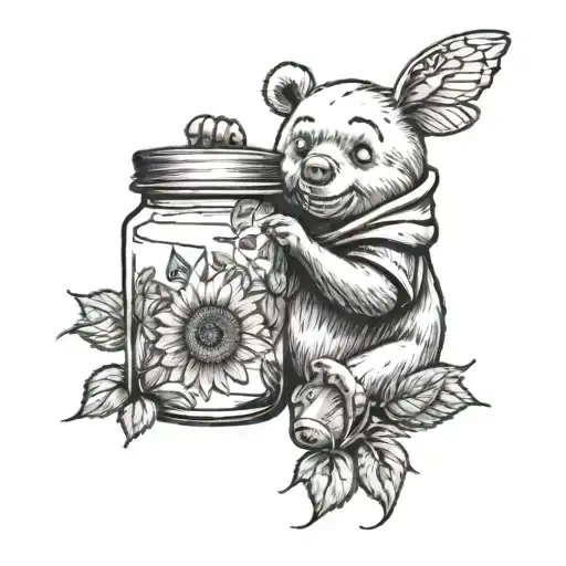 honey jar with sunflowers and roses being held by winnie the pooh bear  tattoo design idea