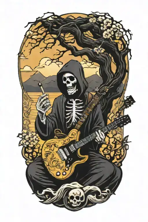 tree of life growing from electric guitar with grim reaper drinking a coffee tattoo design idea